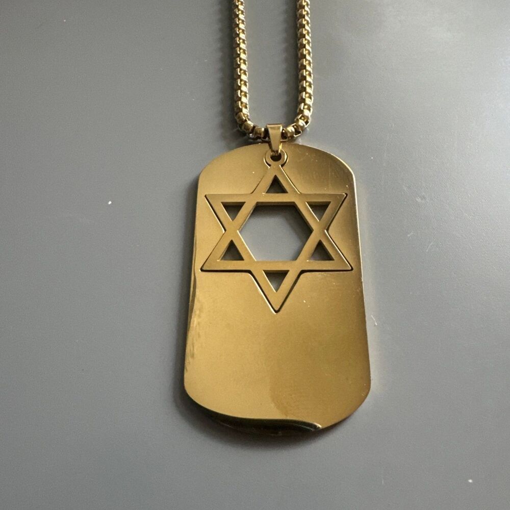 Star Of David Tag Pendant Necklace 24” Chain Jewish Heritage Israel Gold Tone